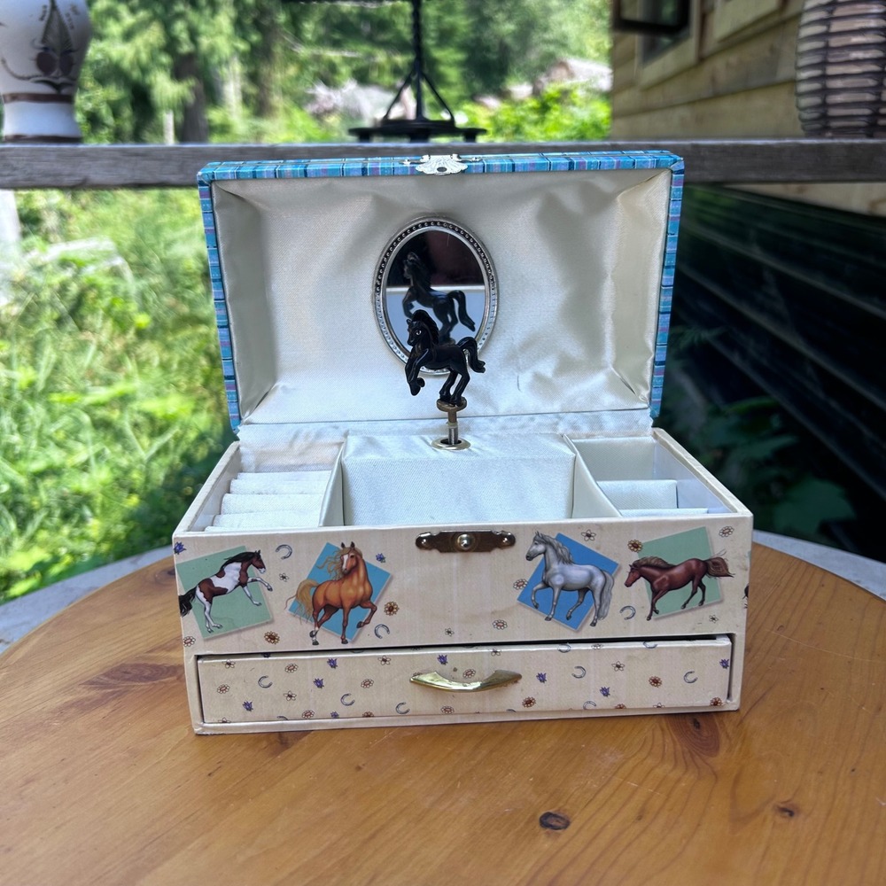 Vintage Horse Musical Jewelry Box Kids Large Blue Plaid Palomino Trousselier